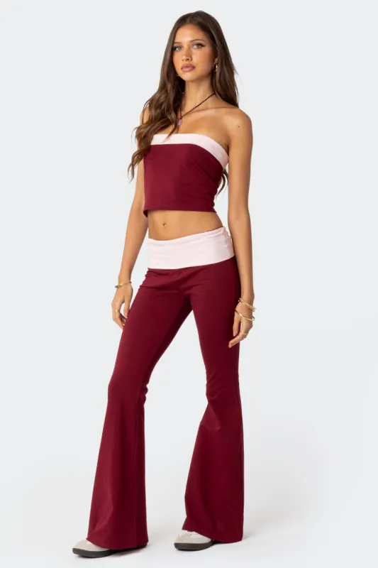 Contrast Fold Over Flared Leggings sold by Edikted
