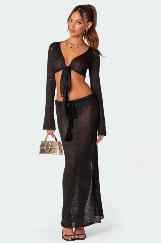 Micro Sequin Tassel Sheer Knit Maxi Skirt sold by Edikted