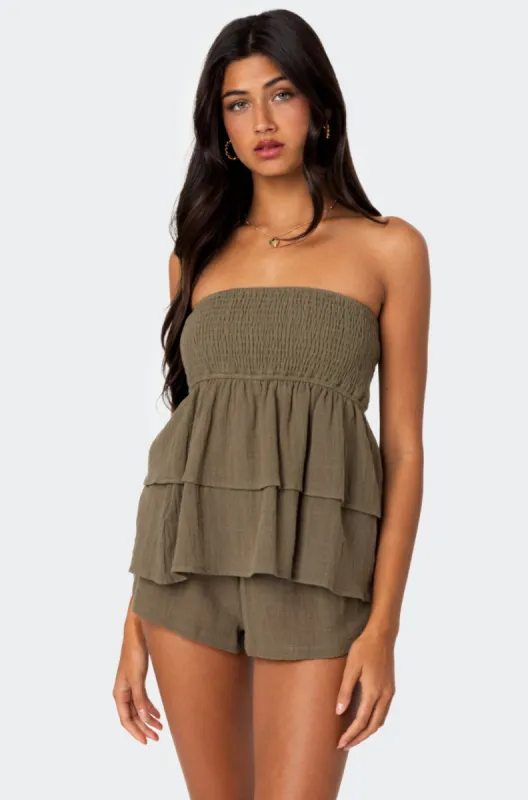 Harleigh Ruffled Linen Look Tube Top sold by Edikted