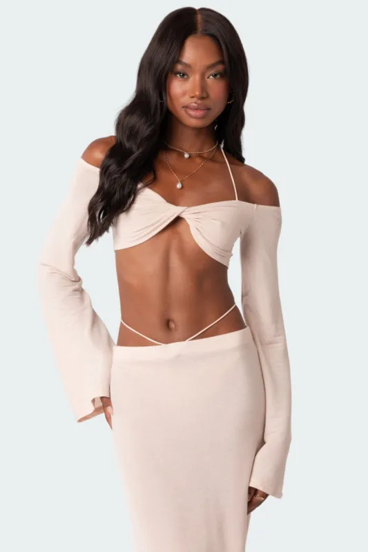Celeste Off Shoulder Twist Crop Top sold by Edikted