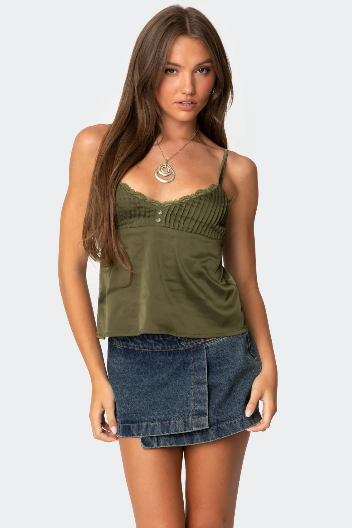 Blanca Satin Effect Lace Trim Tank Top sold by Edikted