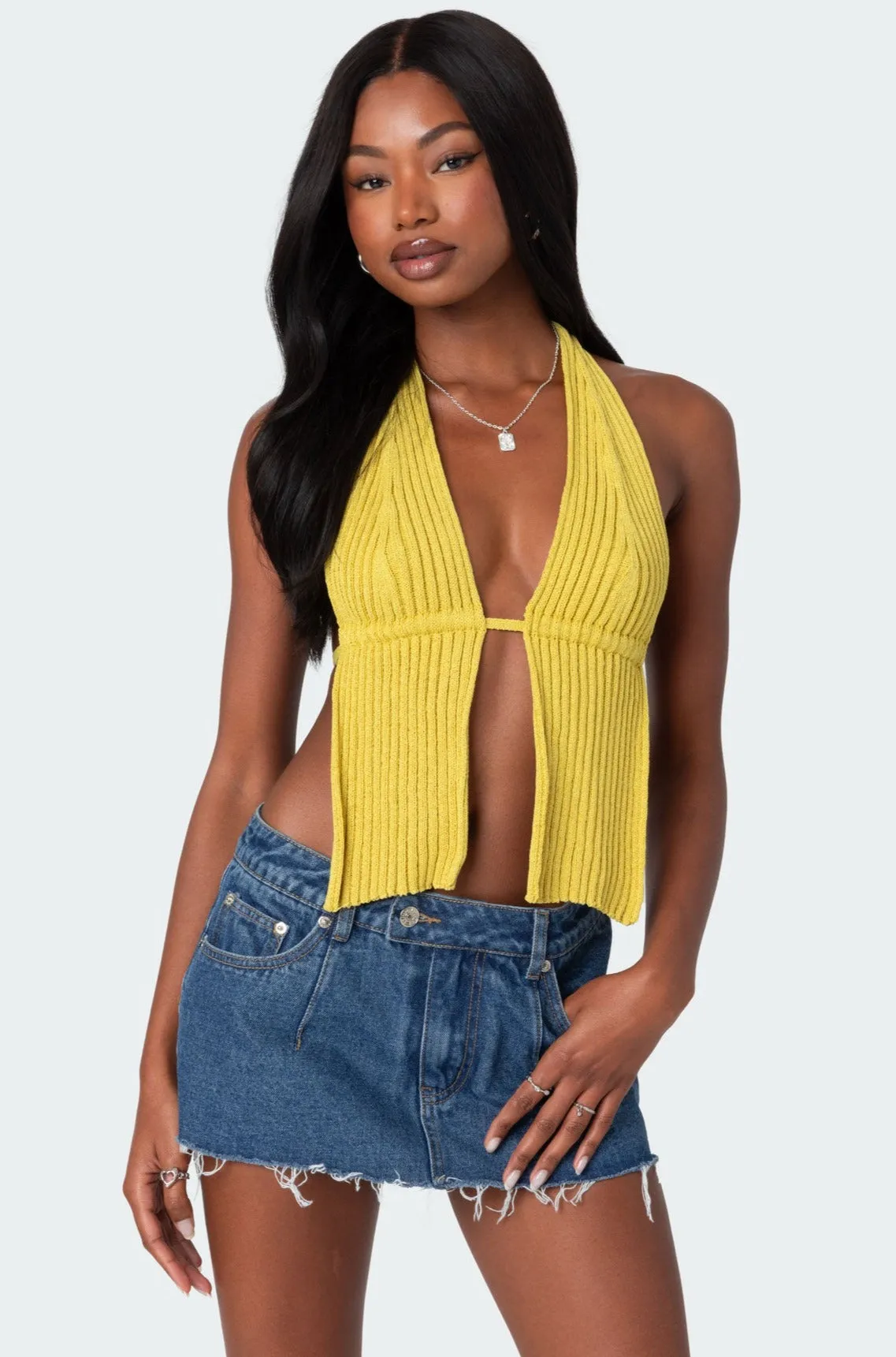 Caraway Ribbed Knit Split Front Top sold by Edikted