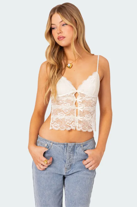 Cara Sheer Lace Open Back Top sold by Edikted