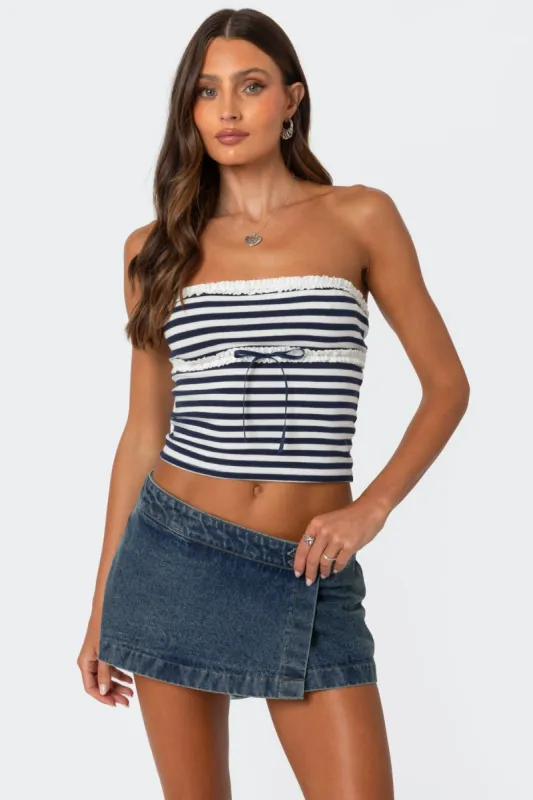 Striped Eyelet Trim Tube Top sold by Edikted