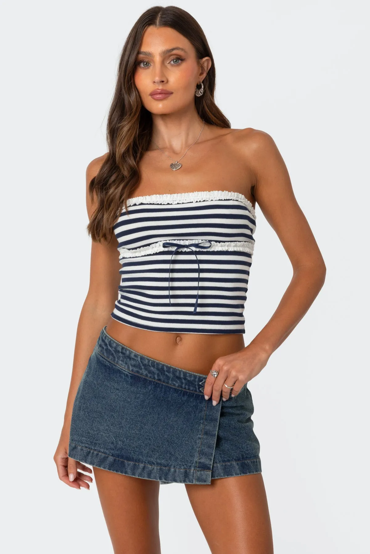 Striped Eyelet Trim Tube Top sold by Edikted