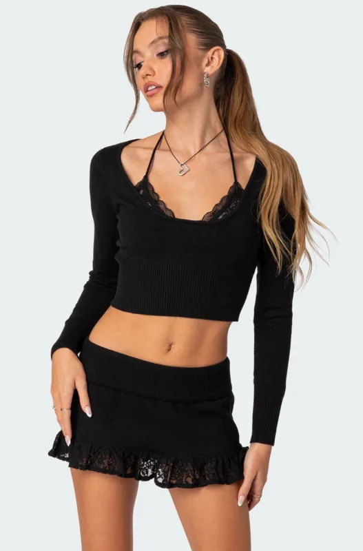 Lace Bra Detail Knit Top sold by Edikted