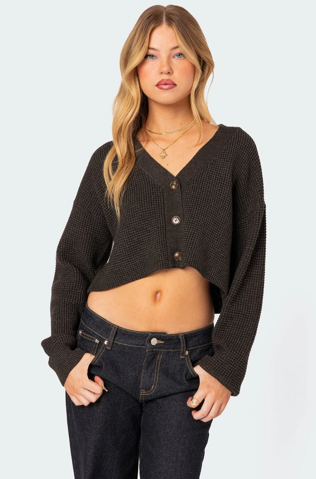 Oversized Waffle Knit Cropped Cardigan sold by Edikted