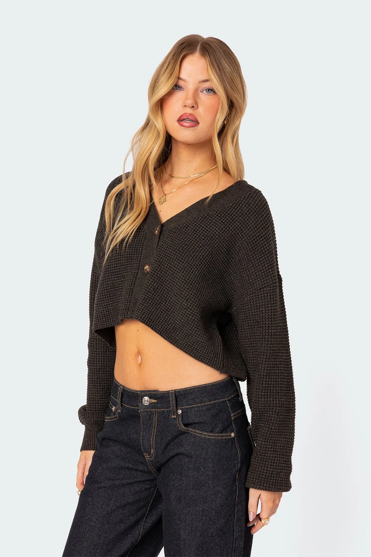 Oversized Waffle Knit Cropped Cardigan sold by Edikted product image thumbnail 3