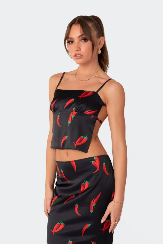 Chili Satin Open Back Top sold by Edikted