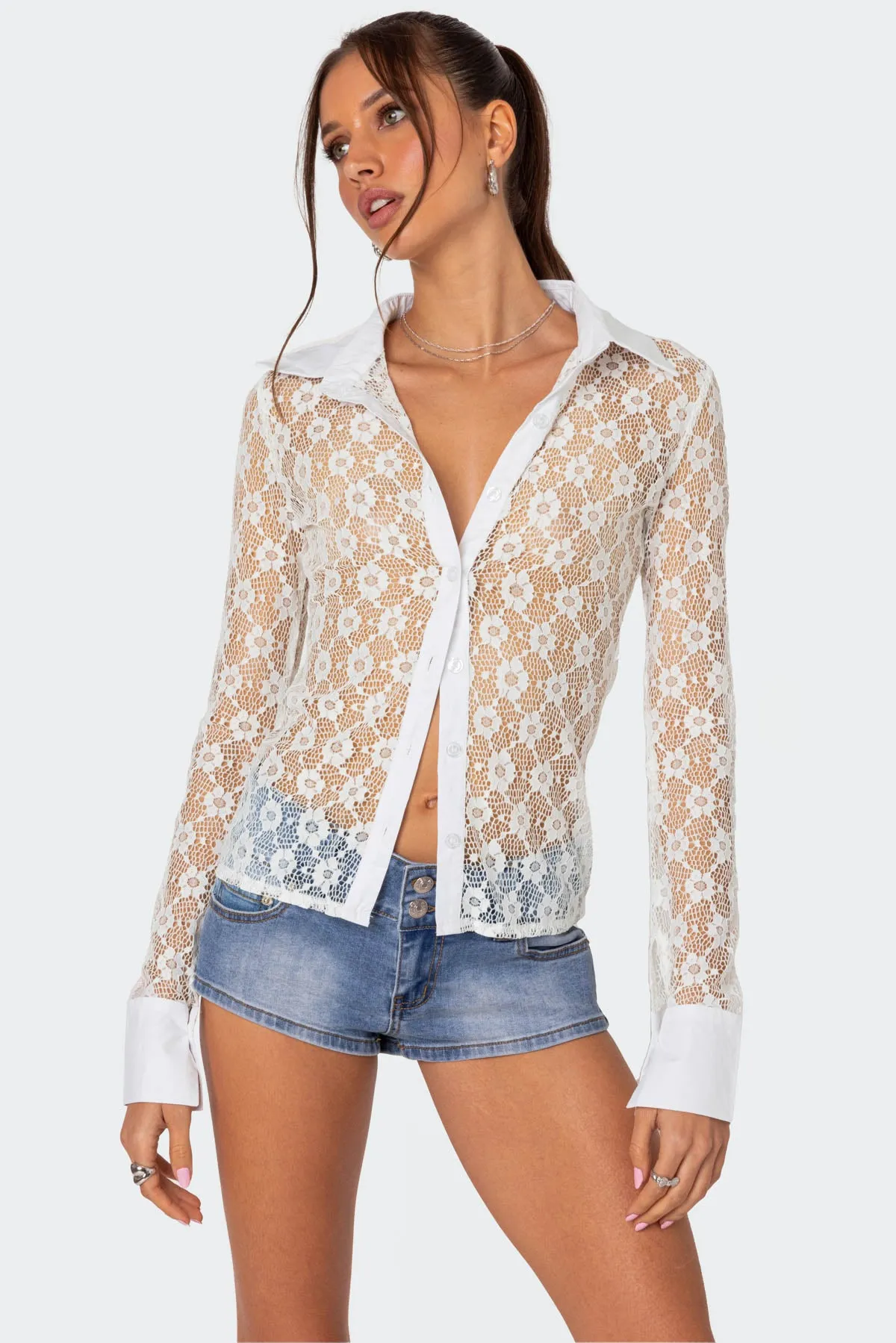 Cecilia Sheer Lace Button Up Shirt sold by Edikted