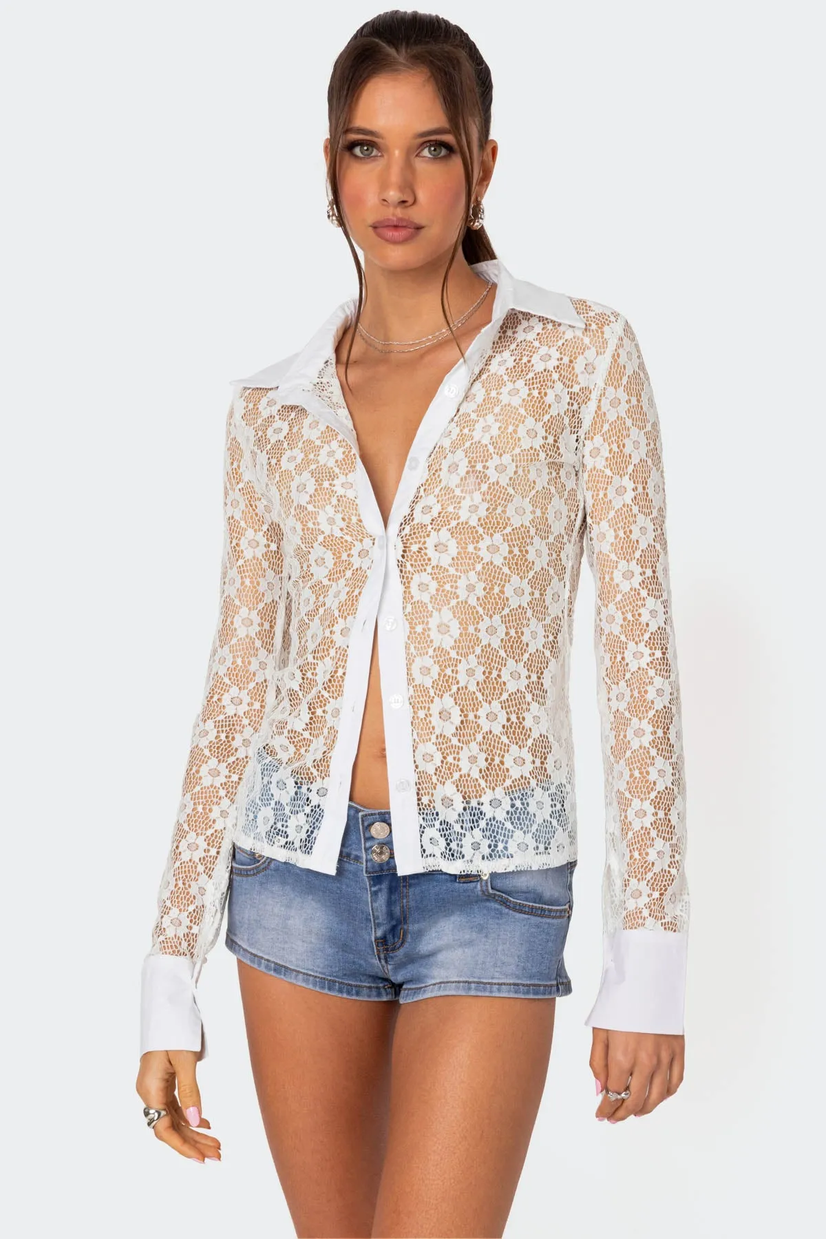 Cecilia Sheer Lace Button Up Shirt sold by Edikted product image thumbnail 3