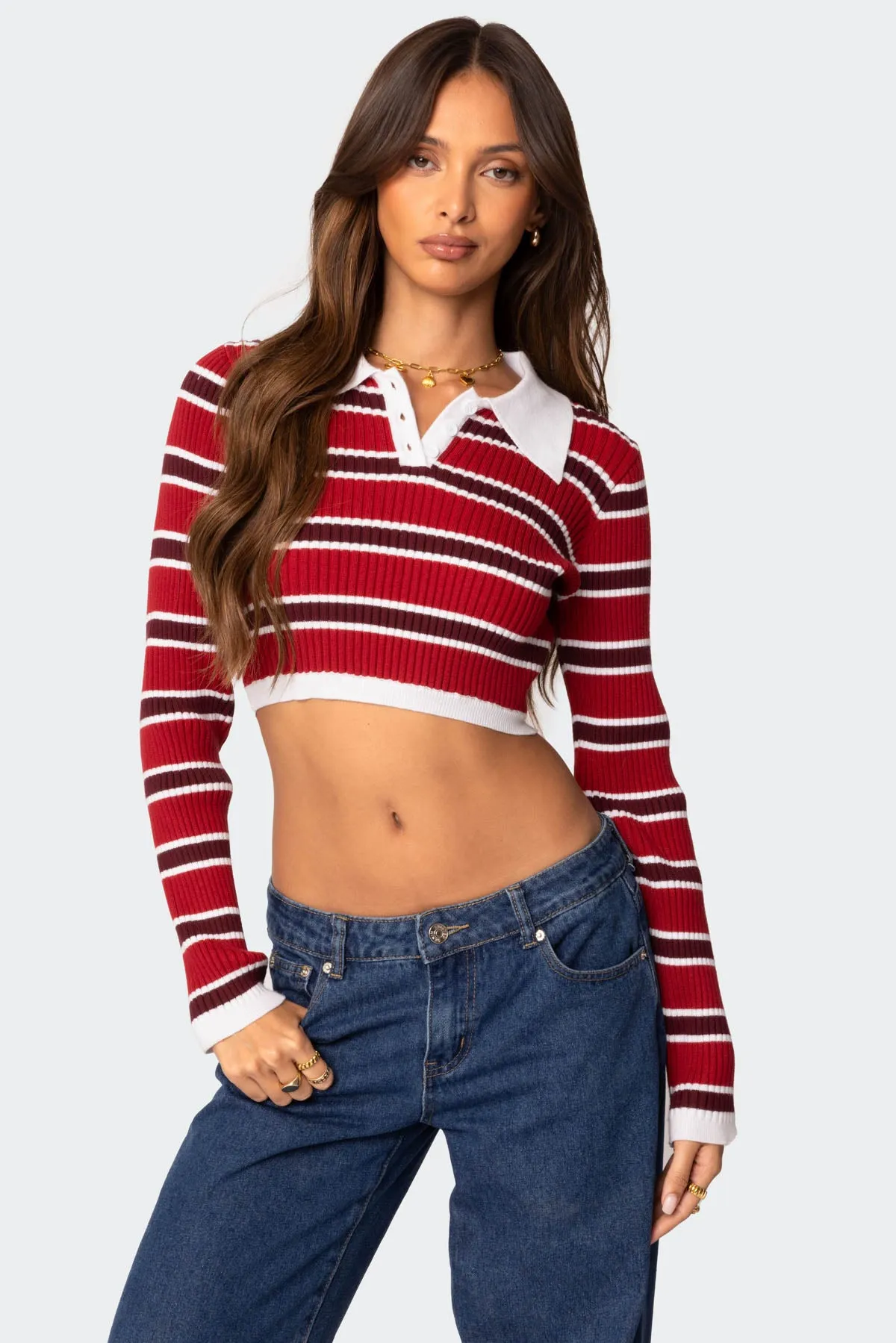 Collared Stripey Ribbed Crop Top sold by Edikted