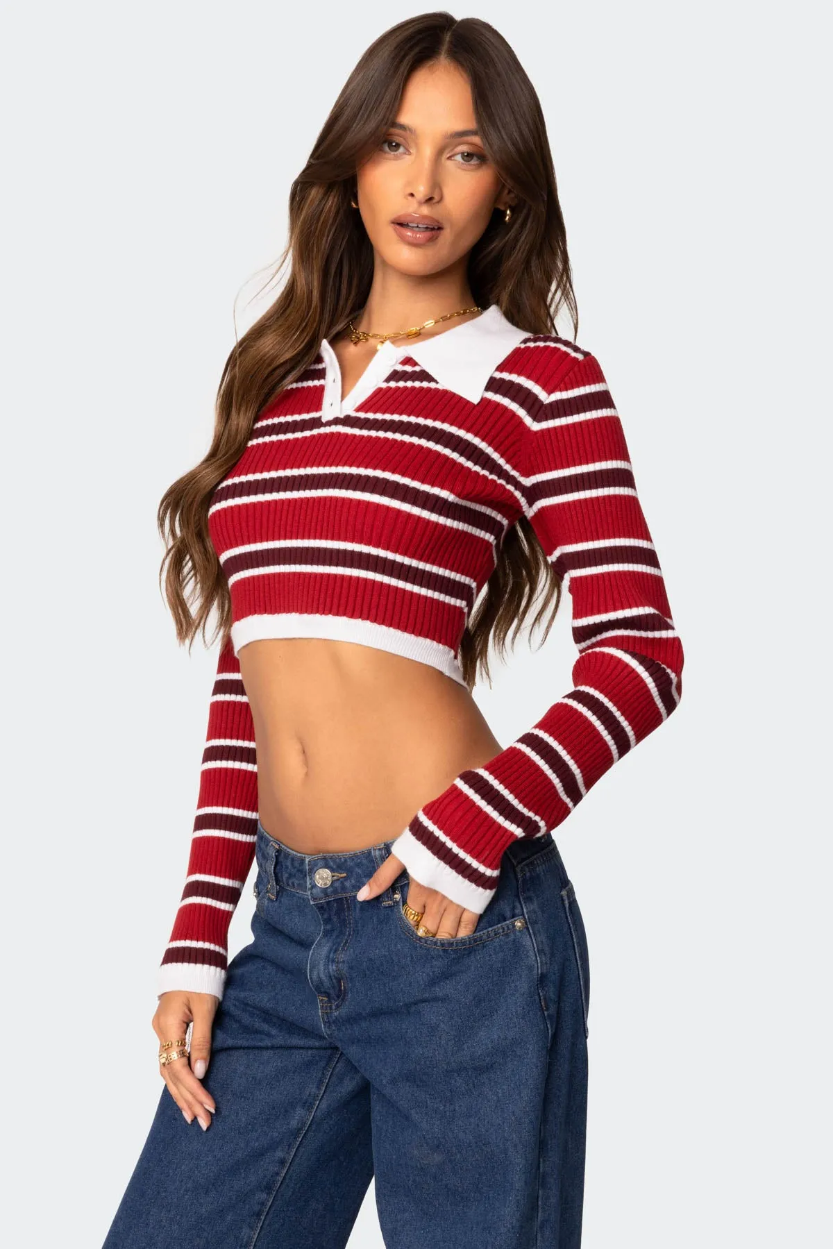 Collared Stripey Ribbed Crop Top sold by Edikted product image thumbnail 3