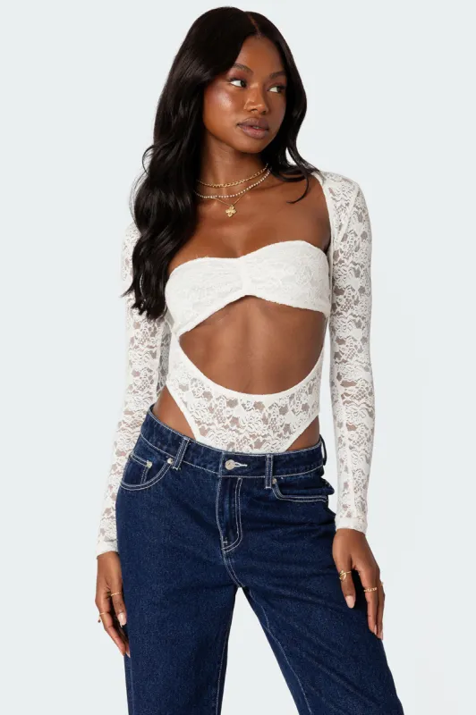 Zoey Sheer Lace Two Piece Bodysuit sold by Edikted