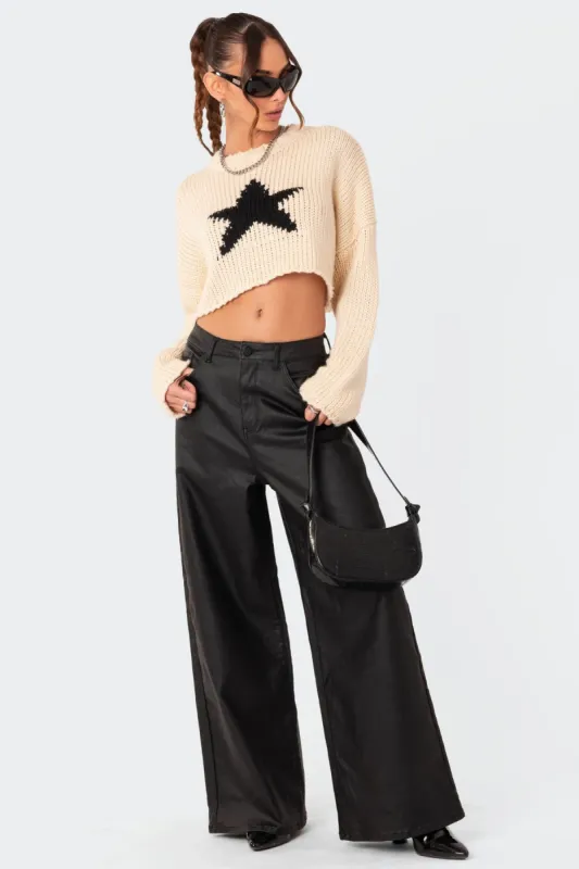 Faux Leather High Rise Wide Jeans sold by Edikted
