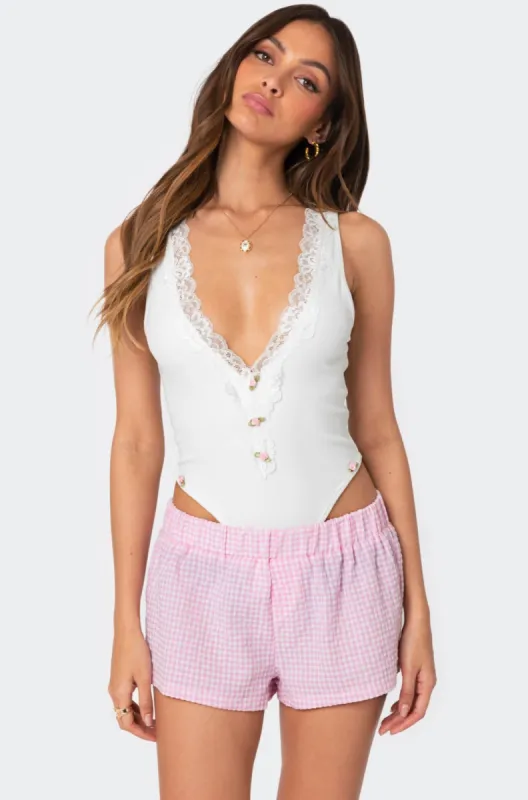 Bloom Lace Trim Ribbed Bodysuit made by Edikted
