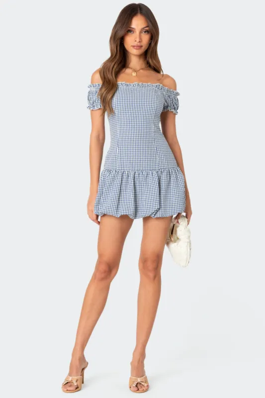 Gingham Off Shoulder Bubble Mini Dress sold by Edikted