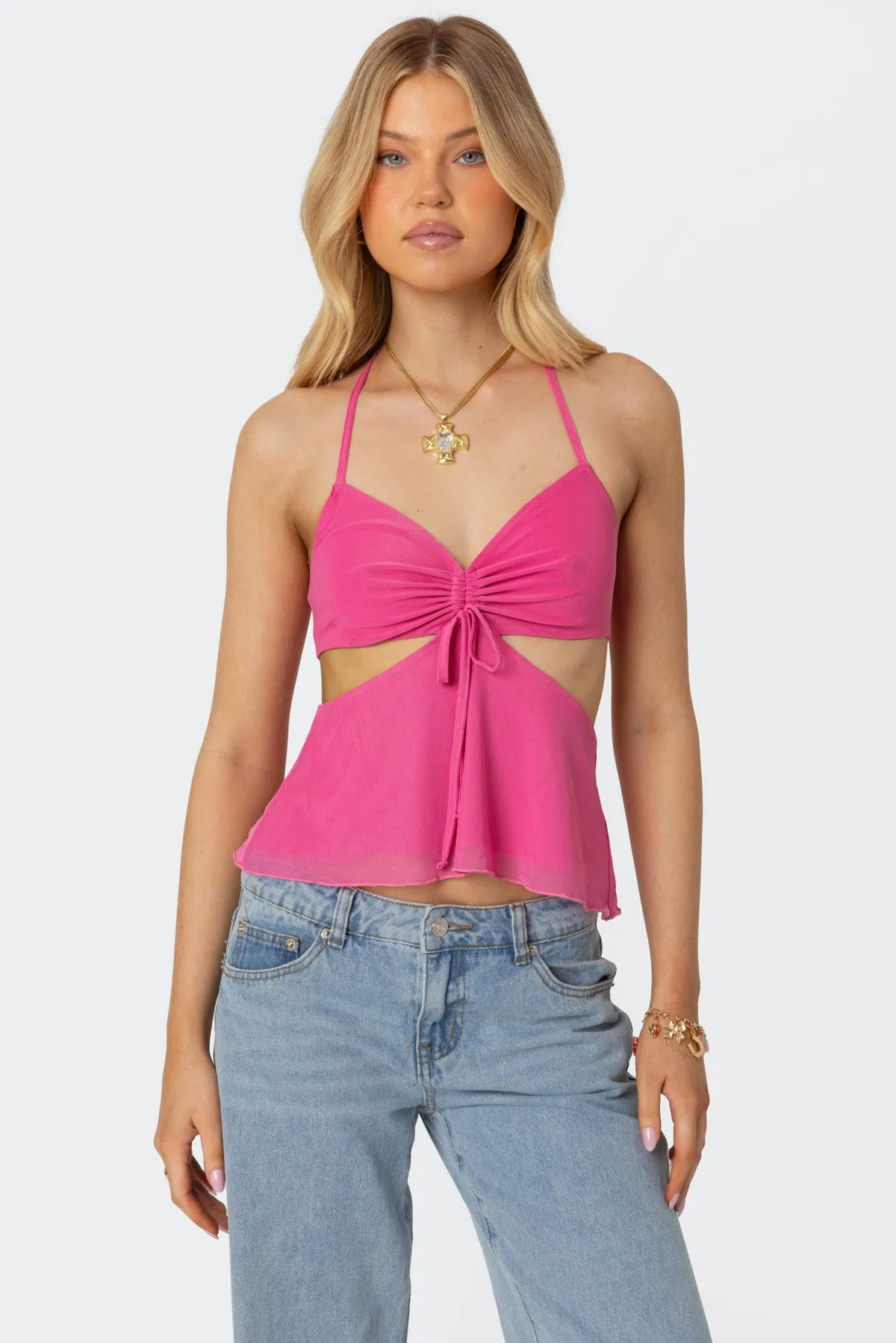 Duo Cutout Mesh Halter Top sold by Edikted