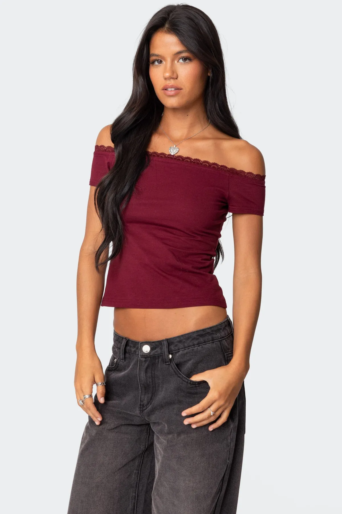 Xoe Off Shoulder Lace Trim Top sold by Edikted product image thumbnail 3