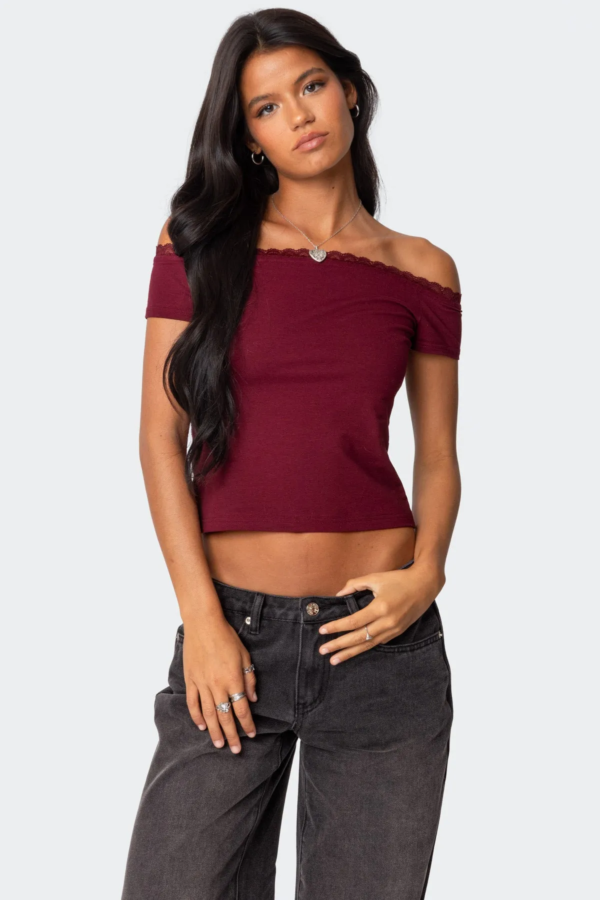 Xoe Off Shoulder Lace Trim Top sold by Edikted