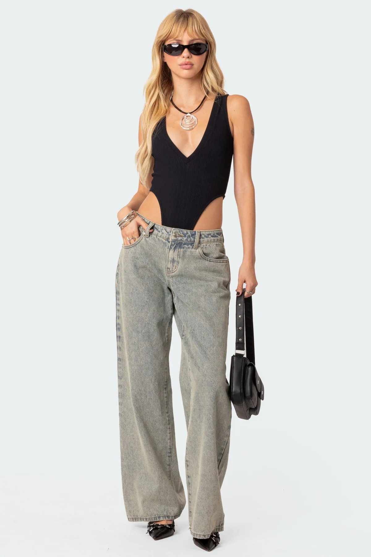 High Cut Ribbed V Neck Bodysuit sold by Edikted product image thumbnail 2