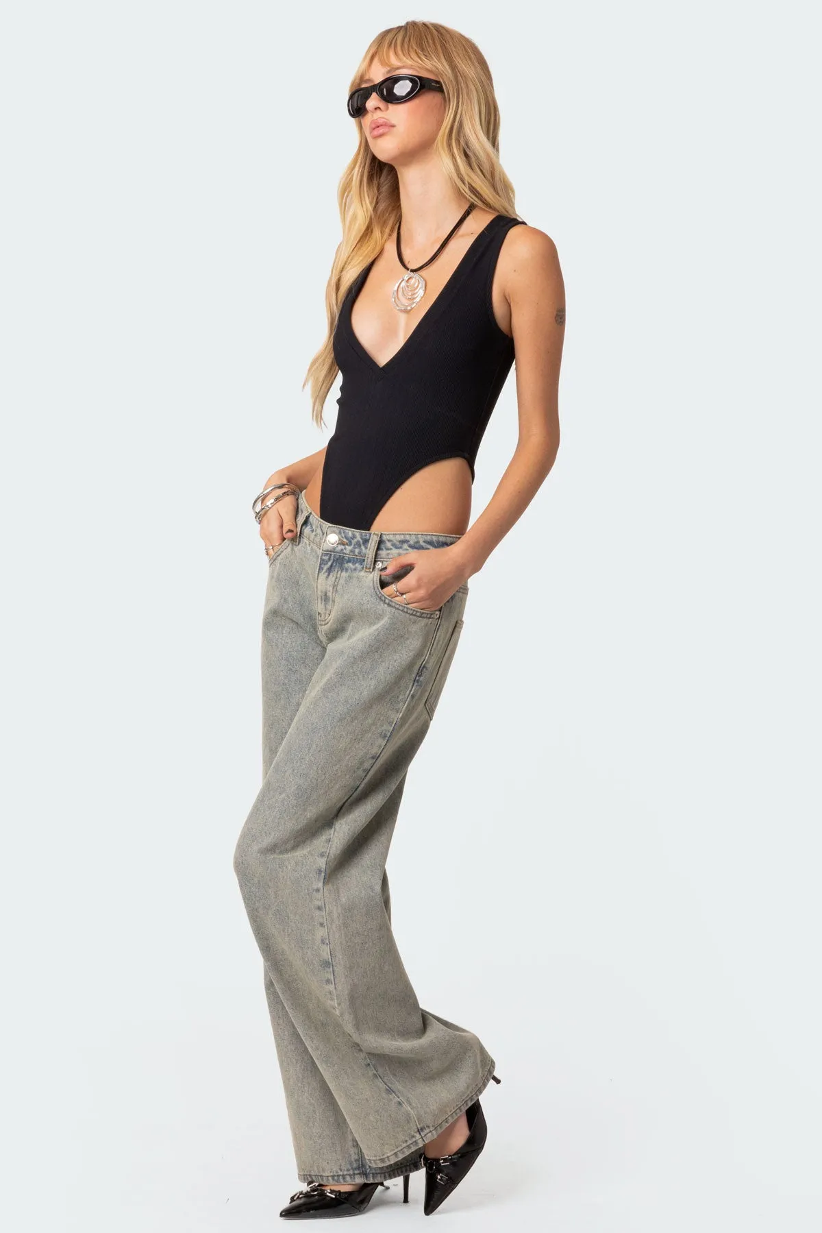 High Cut Ribbed V Neck Bodysuit sold by Edikted product image thumbnail 4