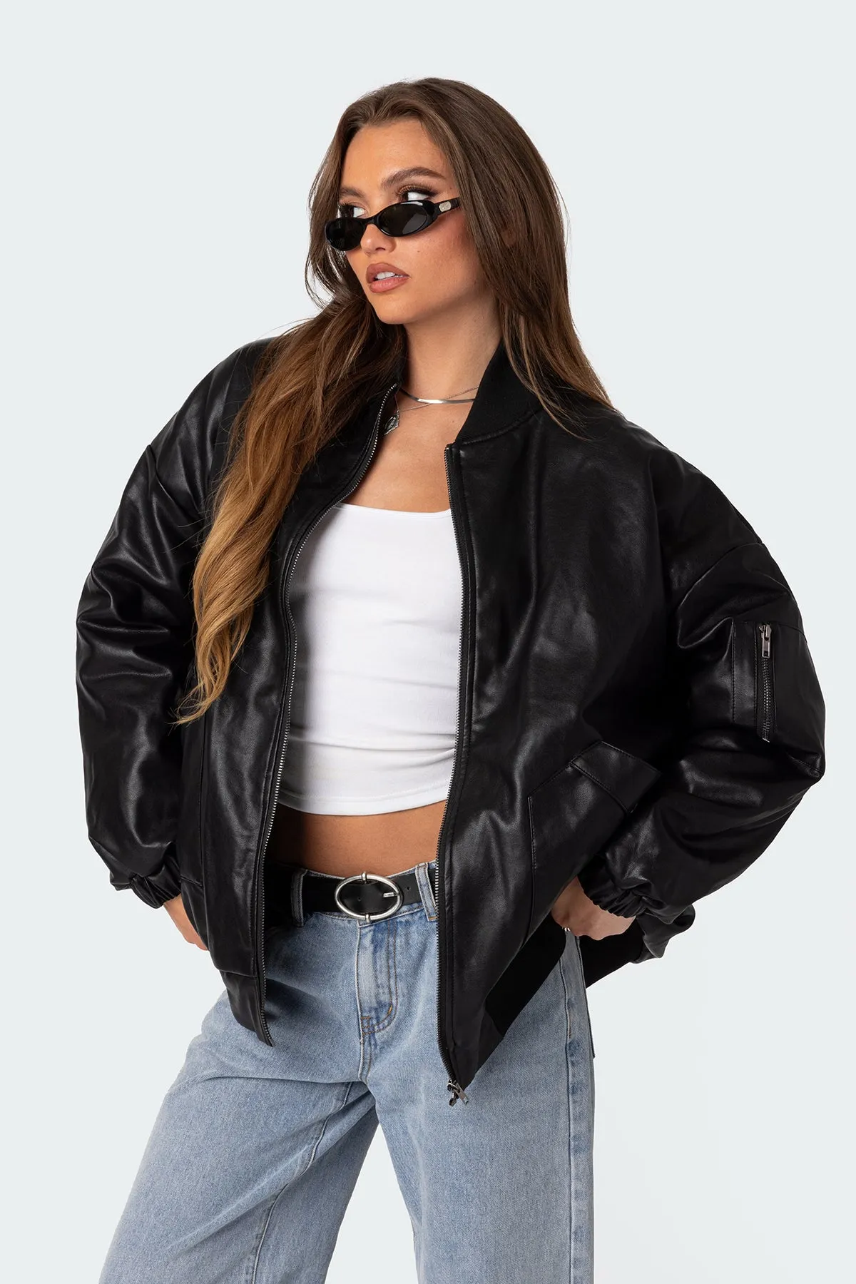 Faux Leather Oversized Bomber Jacket sold by Edikted product image thumbnail 3