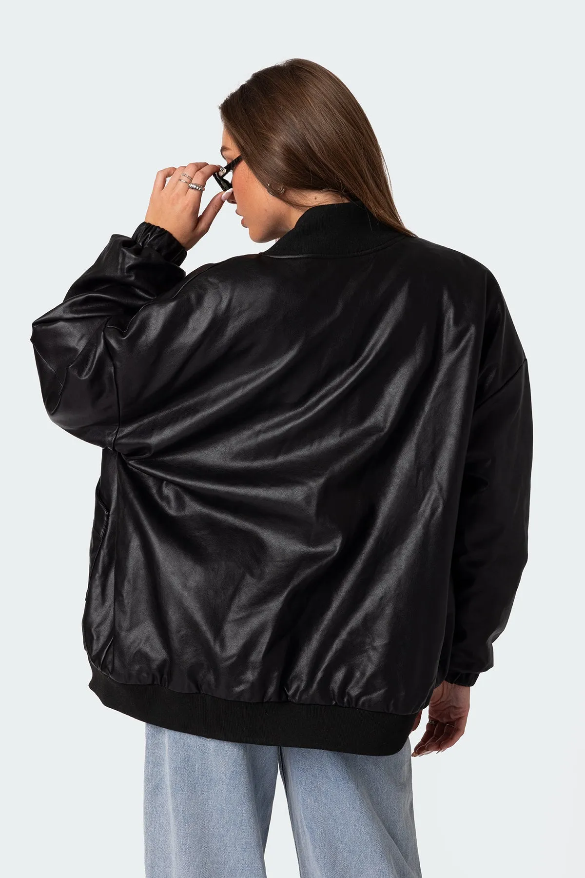 Faux Leather Oversized Bomber Jacket sold by Edikted product image thumbnail 4