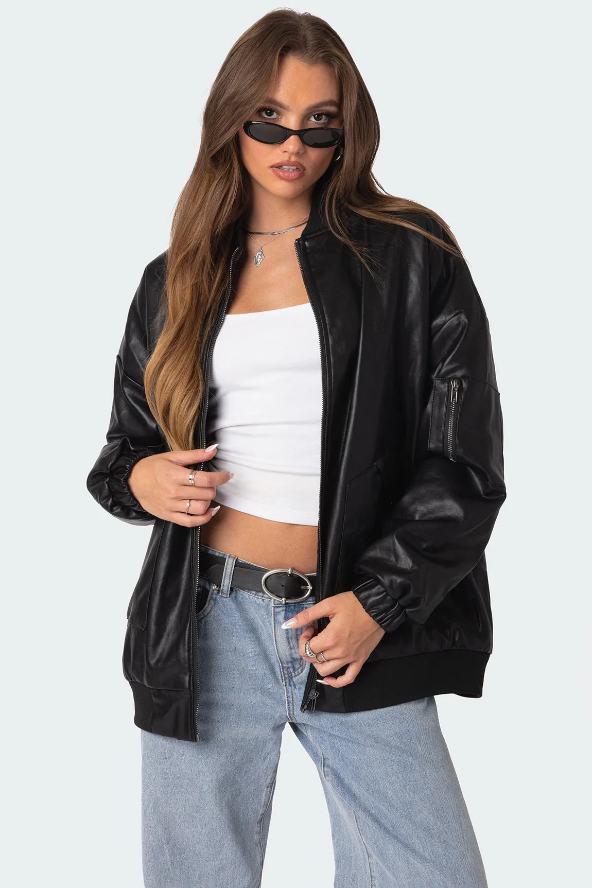 Faux Leather Oversized Bomber Jacket sold by Edikted
