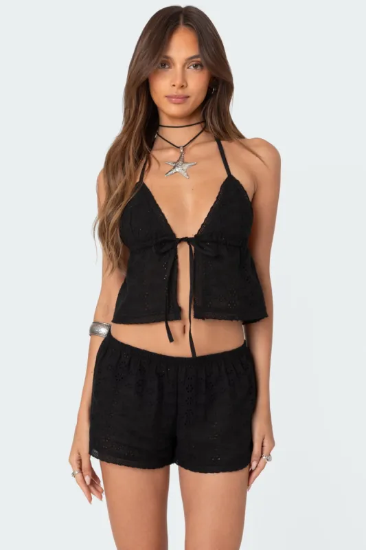 Jael Tie Front Eyelet Halter Top sold by Edikted