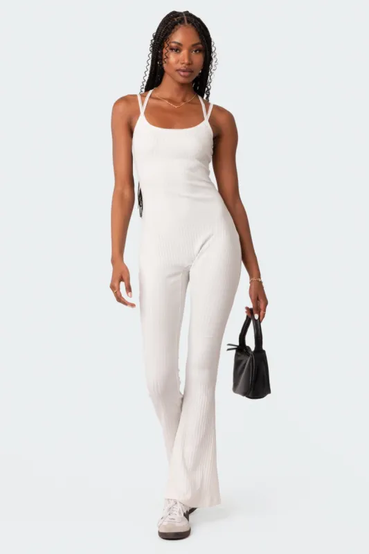 Strappy Ribbed Open Back Flared Jumpsuit sold by Edikted