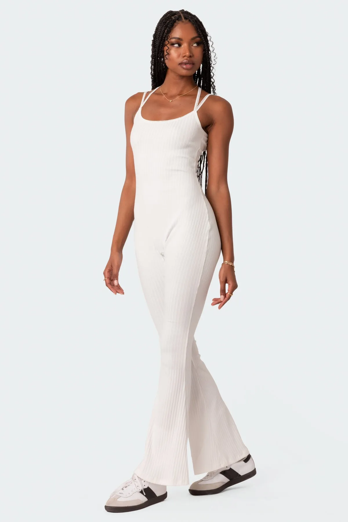 Strappy Ribbed Open Back Flared Jumpsuit sold by Edikted product image thumbnail 4