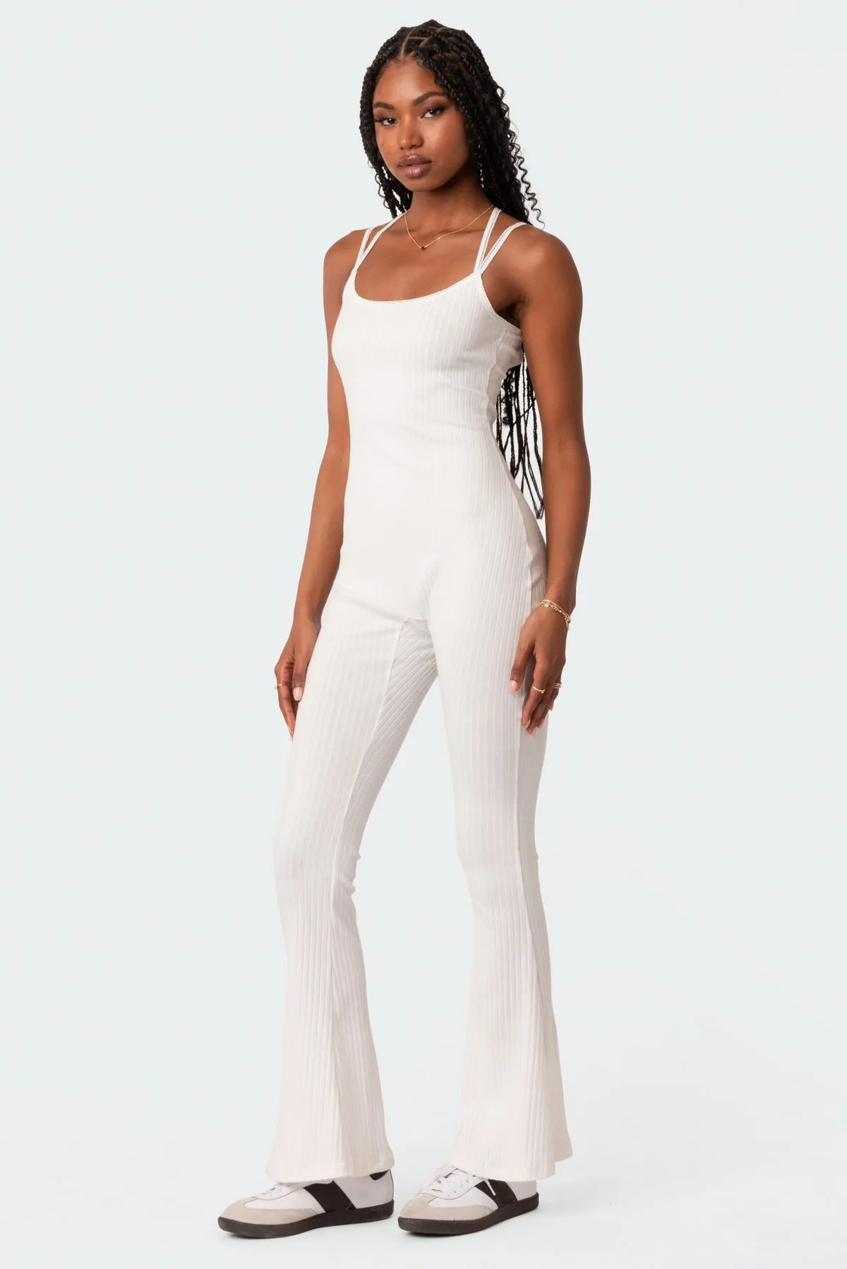 Strappy Ribbed Open Back Flared Jumpsuit sold by Edikted product image thumbnail 3