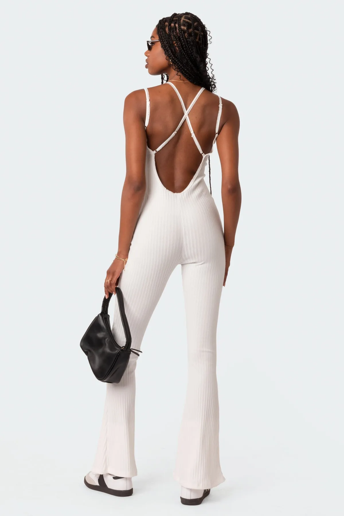 Strappy Ribbed Open Back Flared Jumpsuit sold by Edikted product image thumbnail 2