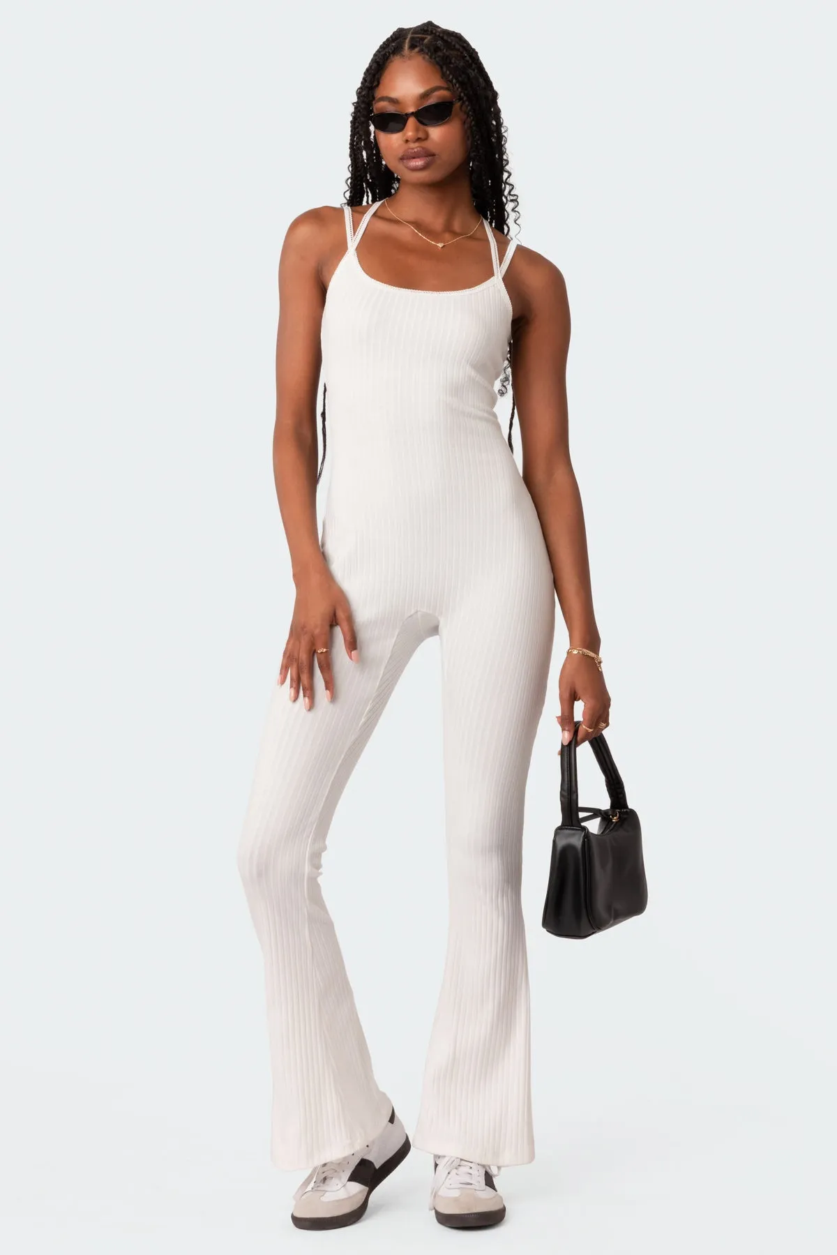 Strappy Ribbed Open Back Flared Jumpsuit sold by Edikted product image thumbnail 5