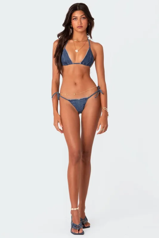 Didi Distressed Denim String Bikini Bottom sold by Edikted