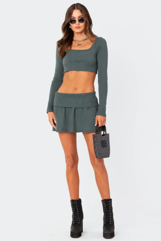 Allure Fold Over Knitted Mini Skirt sold by Edikted