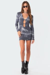 Dj Printed Cut-Out Mesh Dress sold by Edikted