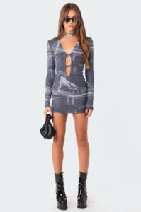 Dj Printed Cut-Out Mesh Dress sold by Edikted