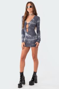 Dj Printed Cut-Out Mesh Dress sold by Edikted