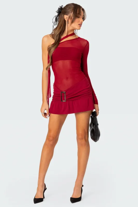 One Shoulder Sheer Mesh Mini Dress sold by Edikted