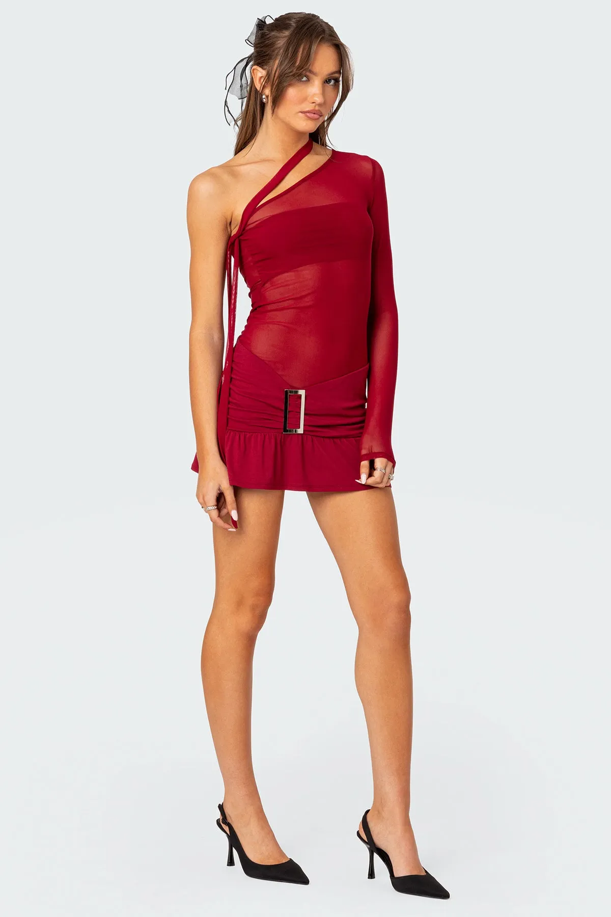 One Shoulder Sheer Mesh Mini Dress sold by Edikted product image thumbnail 5