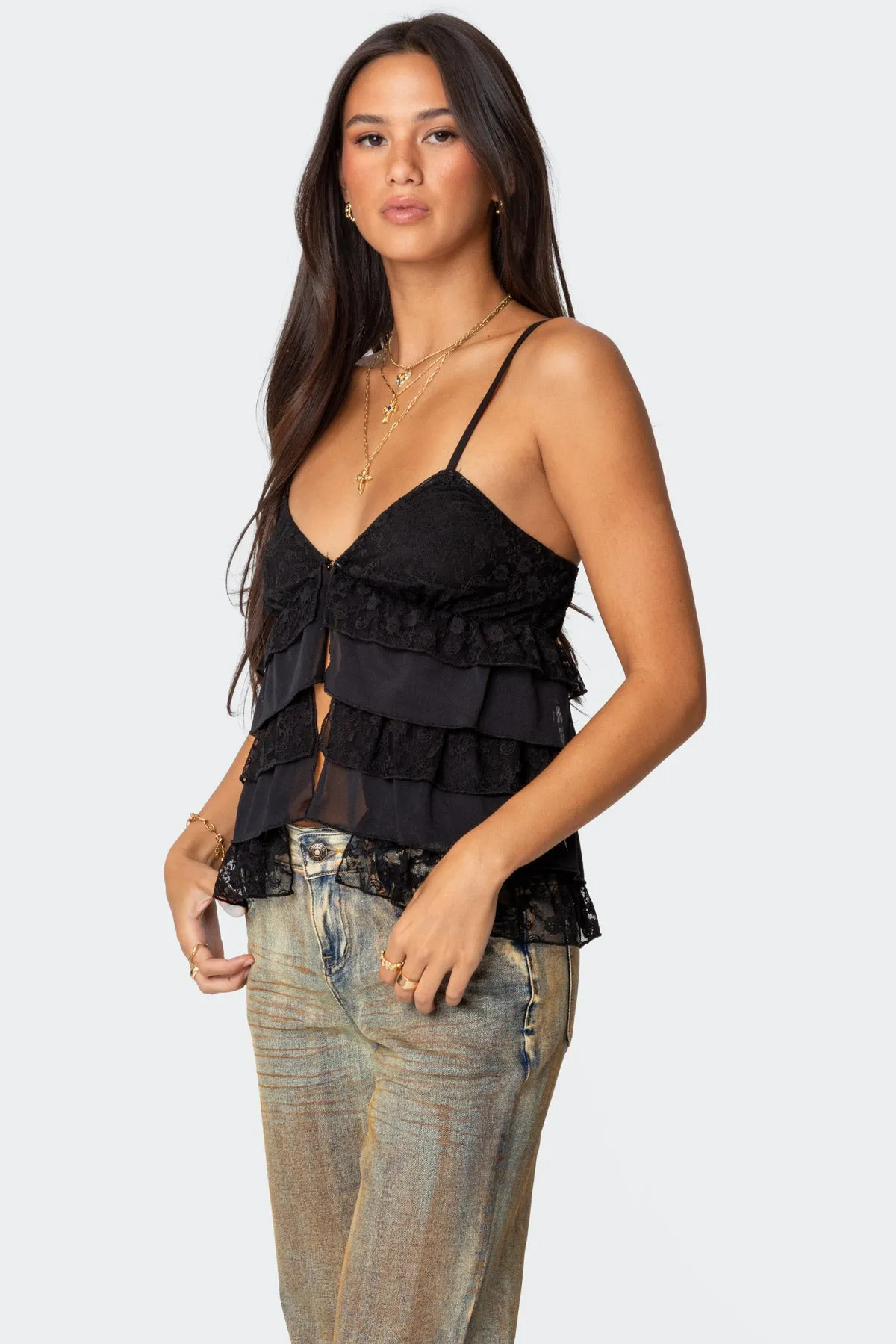 Lacey Split Front Ruffle Tank Top sold by Edikted product image thumbnail 3