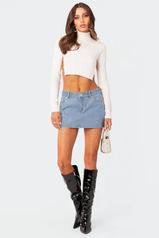 Low Rise Rhinestone Denim Mini Skirt sold by Edikted