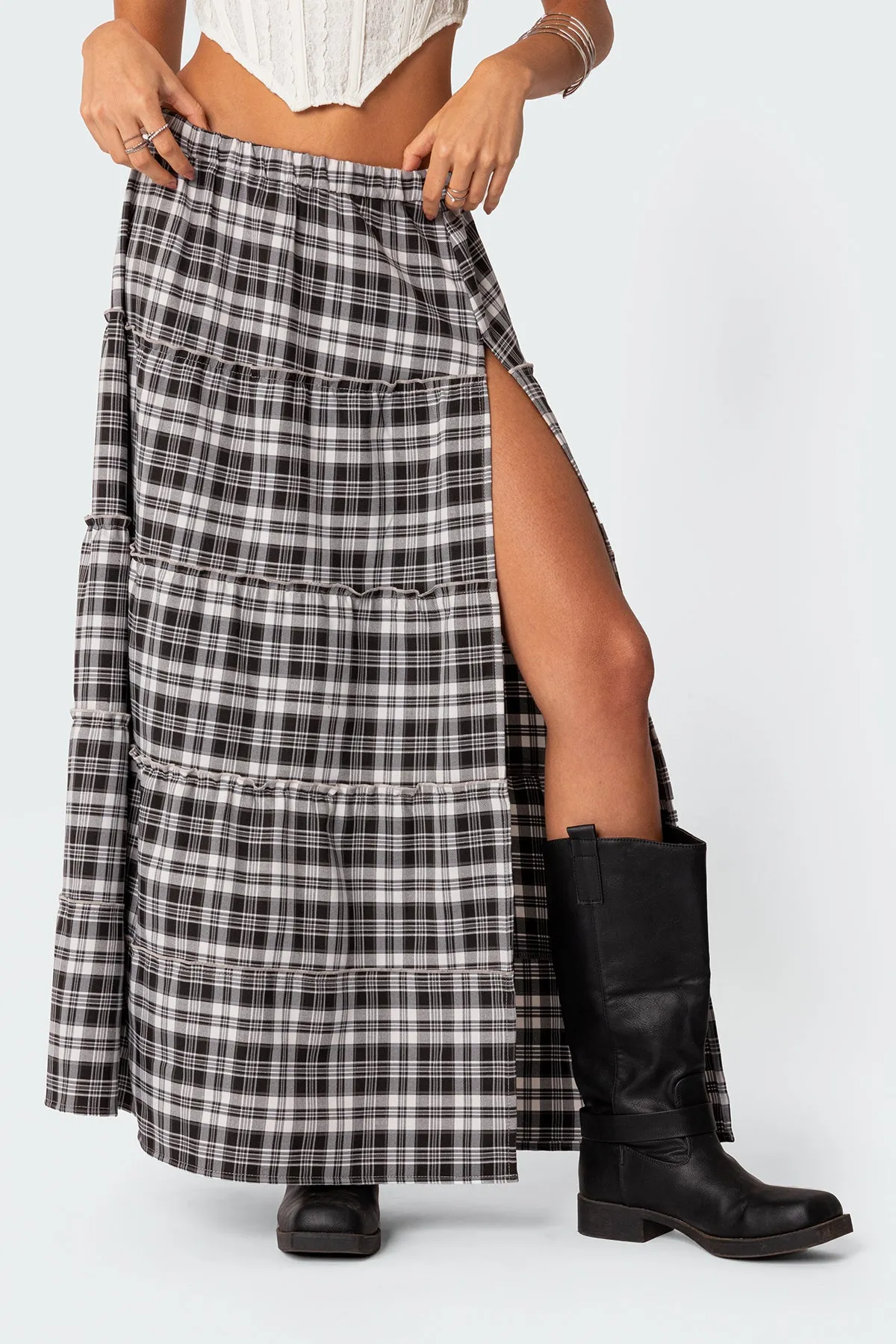 Plaid Side Slit Tiered Maxi Skirt sold by Edikted product image thumbnail 2