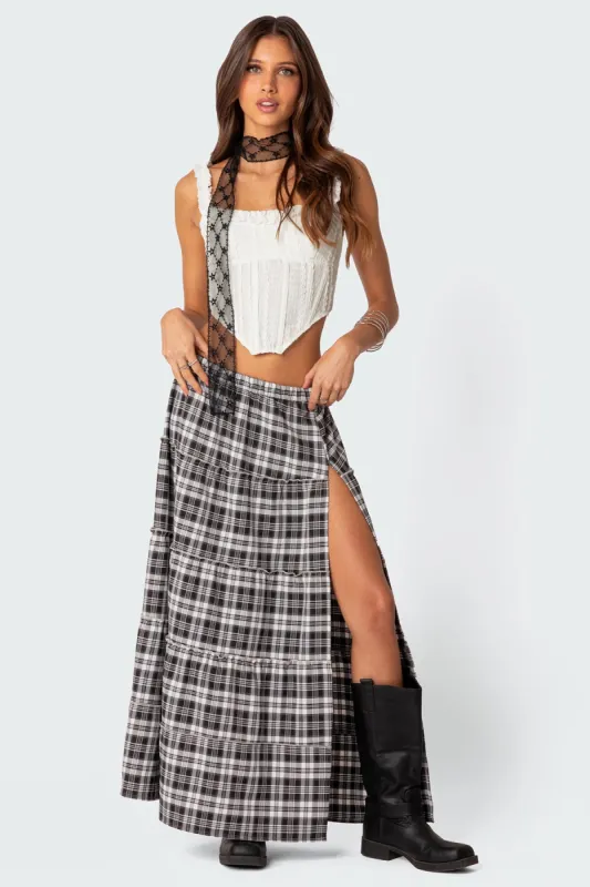 Plaid Side Slit Tiered Maxi Skirt made by Edikted