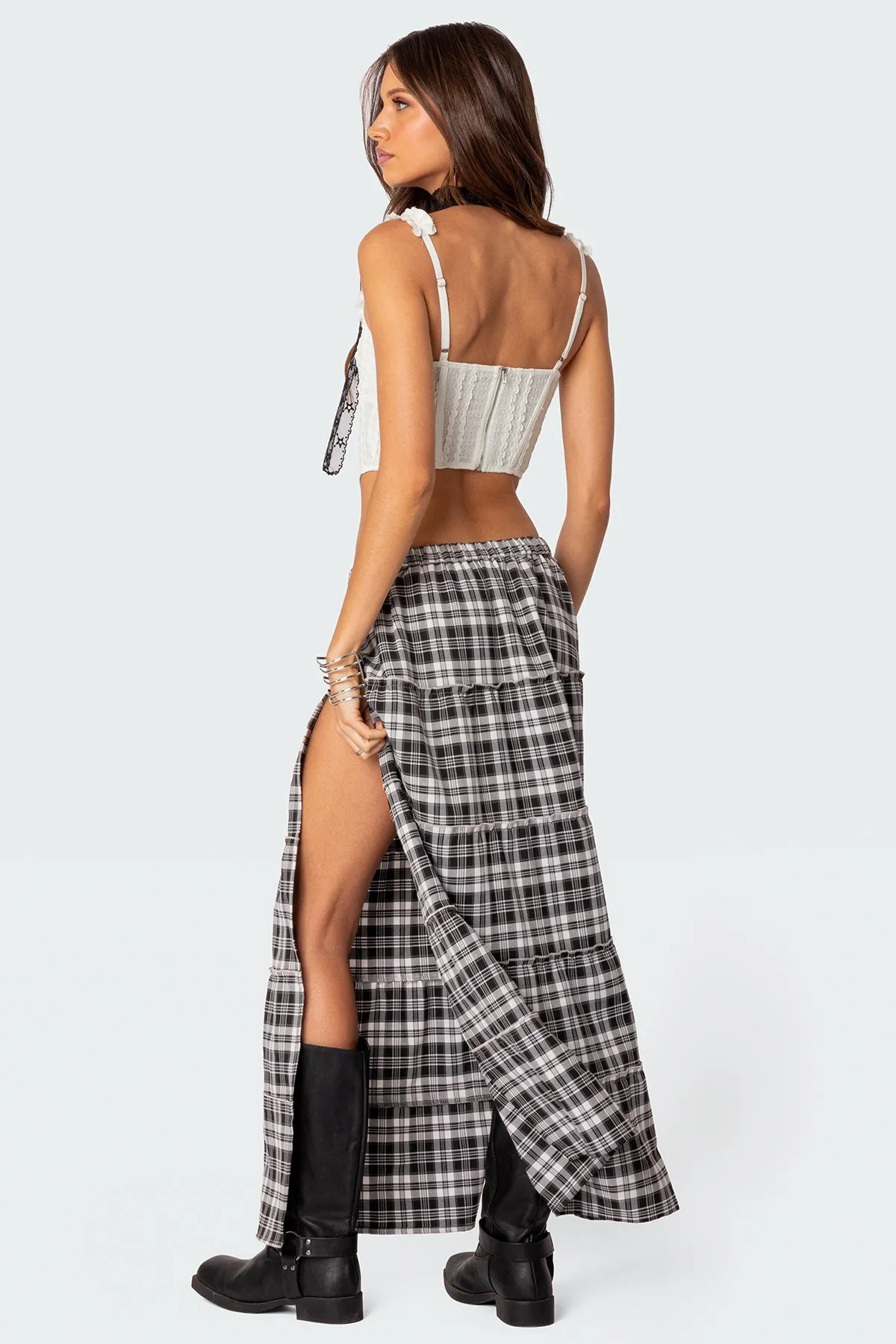 Plaid Side Slit Tiered Maxi Skirt sold by Edikted product image thumbnail 5