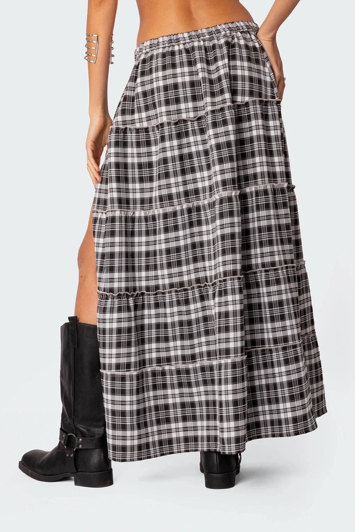 Plaid Side Slit Tiered Maxi Skirt sold by Edikted product image thumbnail 4