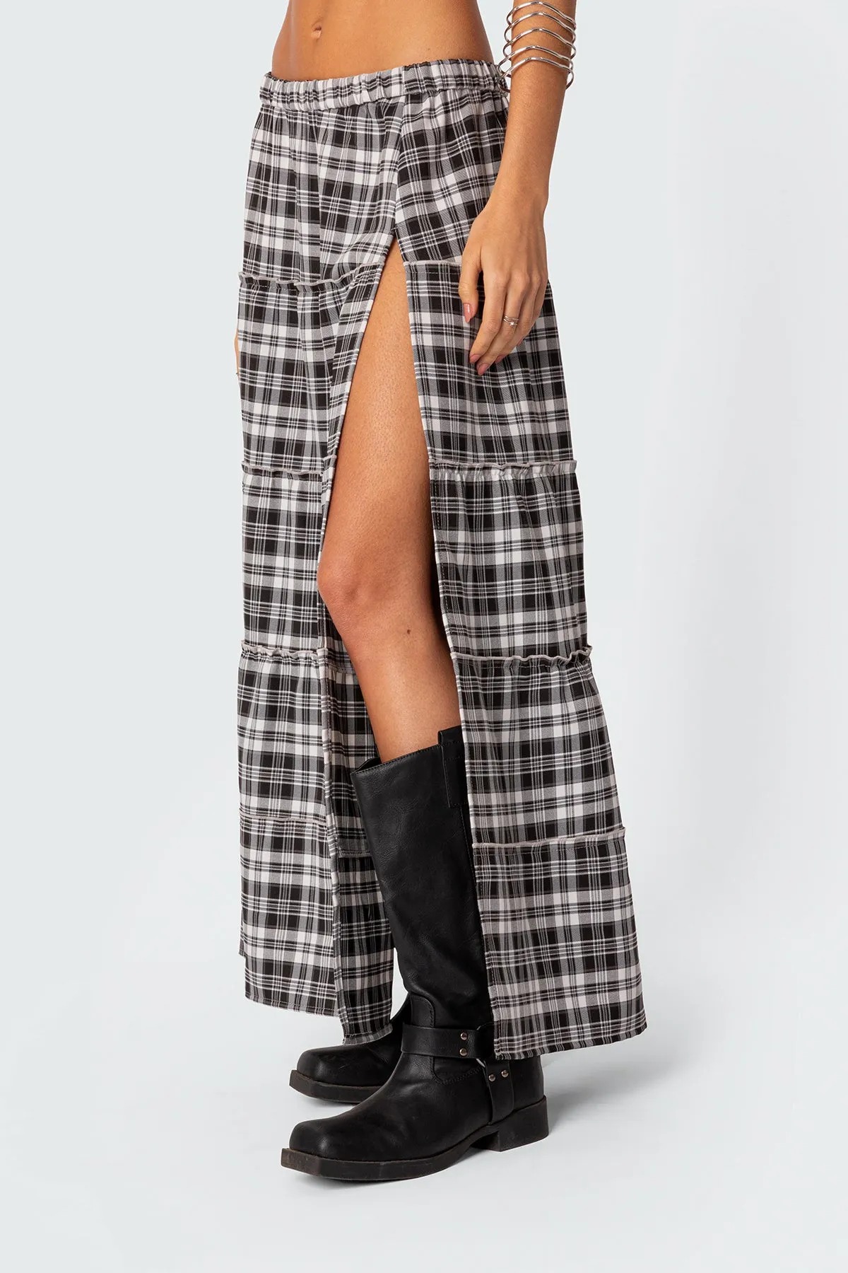 Plaid Side Slit Tiered Maxi Skirt sold by Edikted product image thumbnail 3