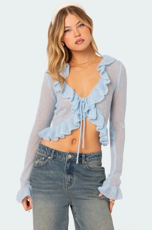 Ryleigh Ruffled Tie Front Cardigan sold by Edikted